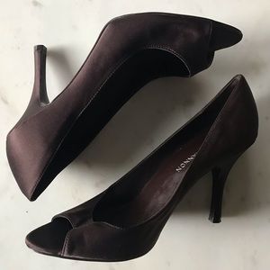 Chocolate Satin Peep-Toe Heels